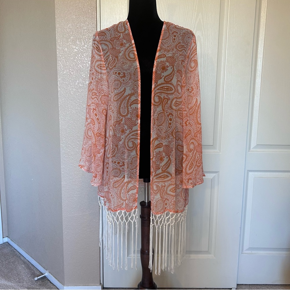 Guess Orange and White Paisley Print Sheer Open‎ Front Blouse Kimono Size Large